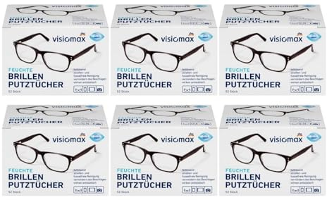 Brillen Putztücher visiomax - Feucht und Fettlösend für Eine streifenfreie Reinigung - 312 Stück - 6er Pack (6 x 52 Stück) aus Mikrofaser
