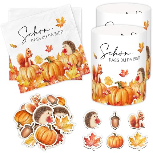 20 Stück Servietten Herbst + 12 Windlicht + 36 Holz Konfetti, Herbstdeko Innen mit Kürbis Herbstblätter Muster, Herbst Dekoration Aesthetic, Tischdeko für Autumn Thanksgiving, Fall Decor Tisch Modern