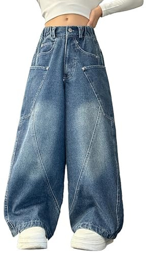 Jean baggy Y2K pour filles - Jambe large - Taille élastique - Pantalon en jean pour enfants de 5 à 16 ans
