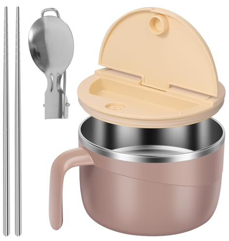 1200ML Rapid Ramen Bowl with Lid Spoon Chopsticks, Stainless Steel Ramen Noodle Bowl with Lid Mobile Phone Holder, Instant Noodle Bowls for College Dorm Home Office （Khaki）