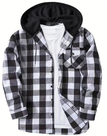 Men's Plaid Shirts Long Sleeve Casual Hooded Sweatshirt Checked Shirts Buttons Down Four Seasons Lightweight Hoodie with Pocket Mens Shirt Check Jacket Regular Lumberjack Buttons Down Coat with Hood