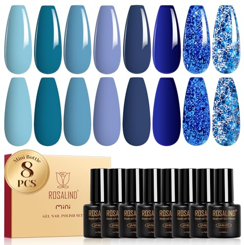 ROSALIND Esmaltes Semipermanentes Azul, 8 Color Azul Marino Oscuro Glitter Esmaltes Semipermanentes Para Uñas, Soak Off Mini UV LED Pintauñas Semipermanente Nail Art Manicure Regalo