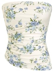 CIDER Strapless Tube Tops for Women Floral Going Out Crop Tops Bandeau Ruched Asymmetrical Lightweight Tank Tops White