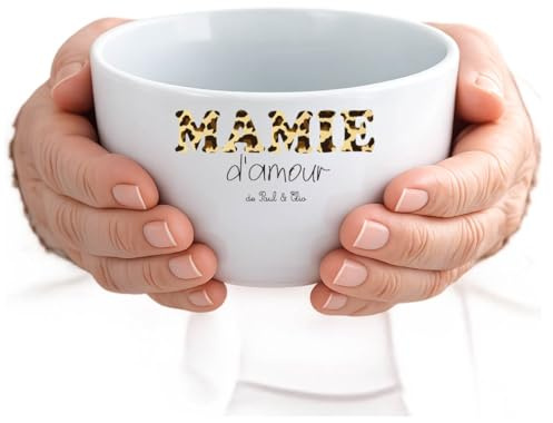 Générique Bol Mamie d’amour personnalisé 500 ml – Cadeau Fête des Mamies – Bol en céramique grand-mère avec prénoms – Idée cadeau Fête des grands-mères original motif léopard