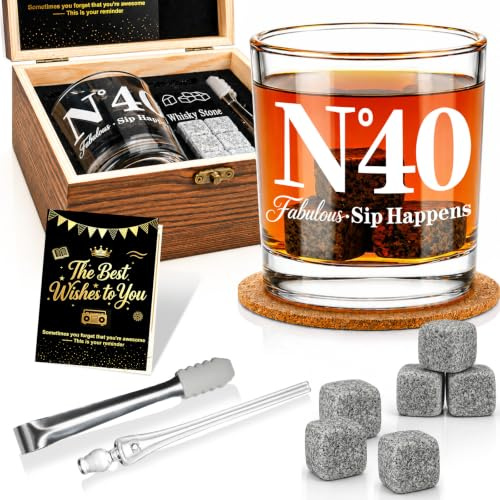 EXREIZST 1986 Whisky Glass Set – 40th Gifts for Men | 1986 Engraved Whisky Tumbler with Wooden Box, Granite Stones, Steel Tongs & Coaster – Ideal 40th Gift for Husband Dad