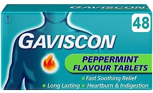 Gaviscon Peppermint Heartburn & Indigestion Relief, 48 Tablets - Fast-Acting, Soothing Formula for Digestive Comfort, Chewable, Long-Lasting, Trusted Brand, Packaging may vary