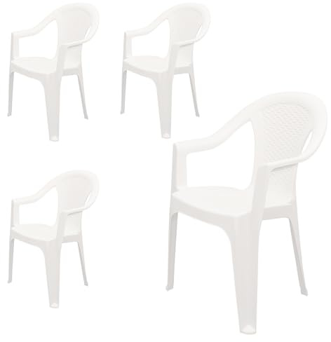 Spetebo Silla de jardín apilable en color blanco, monobloque en imitación de ratán, de plástico, apilable, 4 unidades, color blanco