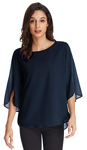 GRACE KARIN Blusa Donna Blusa Chiffon Manica 3/4 Scollo Tondo Leggero Morbido Traspirante per Estivo Primavera Blu Scuro XL CLAF15-18