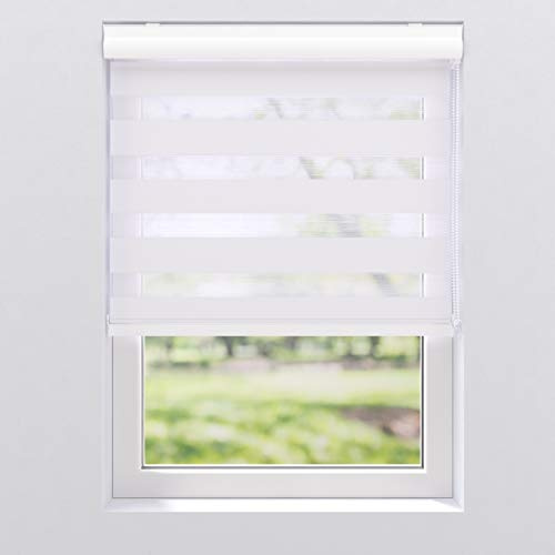 Doppelrollo Sonnenschutz Fenster Tür Innen, 150 x 175 cm Weiß gestreift | Stoff transparent & blickdicht aus Polyester / Metallhalter für Wand- & Deckenmontage / mit 28 mm Welle, Kettenzug & Kassette