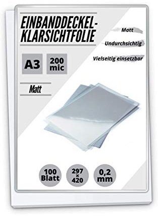 PREMIUM Deckblätter Klarsichtfolien, PVC, matt, 100 Stück (A3, 0.20mm)