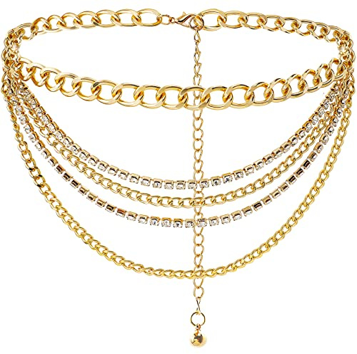 Suyi Mehrschichtiger Kettengürtel Strass-Metallkettengürtel für Damen Punkgoldene Taillenkette