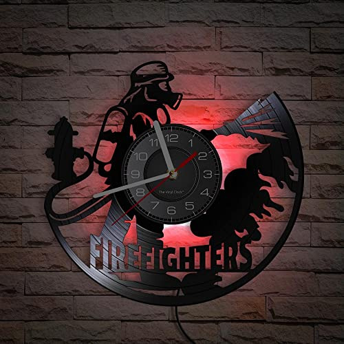 Smotly Vinyl-Wanduhr, Feuerwehrmann-Motiv mit LED-Nachtlichtfunktion, stille Heimdekoration, Geschenk (mit Licht)