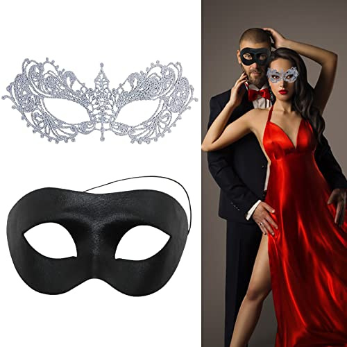 EQLEF Maskerade Maske Paar, Schwarze Maske für Männer Venezianische Party Spitzenmaske für Frauen Ball Halloween Kostüm Karneval Cosplay