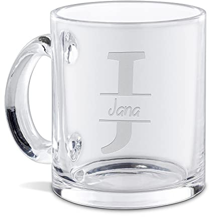 Print Royal Personalisierte Glastasse graviert mit Ihrem Anfangsbuchstaben J und Namen - Namenstasse graviert, Geschenkidee, Geburtstagsgeschenk | Lasergravur, Runde Schrift, 300ml