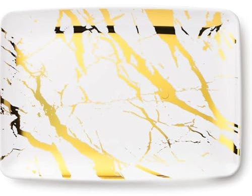 Decorline - Plateau de Service - Lot de 4 - Plats à Servir en Plastique Réutilisable Robuste, Plateaux Traiteur de présentation/décoration pour de Fête Buffet - Rectangulaire 20x28 cm - Blanc/Or