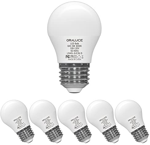 ORALUCE A15 LED Bulb 5 Watts Warm White 3000K,40W Equivalent Table Lamp Bulb, E26 Standard Screw Base G45 Shape Small Light Bulbs for House Lighting,450 Lumen,Non-Dimmable,6 Pack