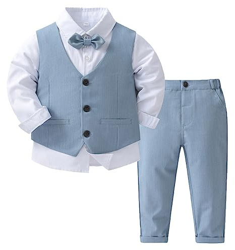 Hansber Baby Jungen Gentleman Smoking Anzug Fliege Hemd Weste Hose 4tlg Babykleidung Schicker Taufanzug Hellblau 74-80