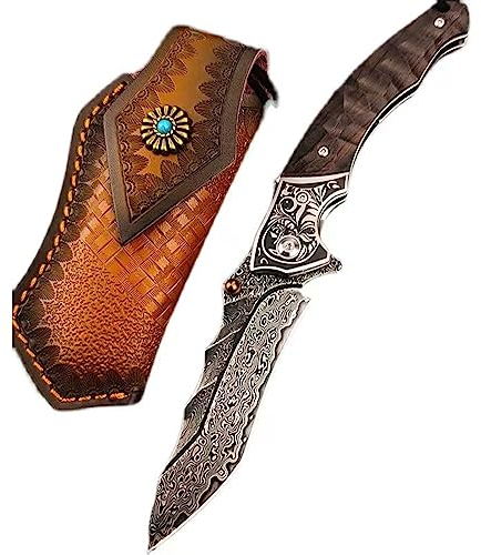 TABKER Klappmesser einhandmesser Outdoor Klappmesser handgefertigt Damaskus Stahl Retro Taktische Klappmesser Taschenmesser Einhandmesser Holzgriff Klappmesser