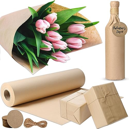 Cieex Brown Paper Roll Recycled Brown Wrapping Paper 30cm*30m Heavy Duty Kraft Paper with Tags, Twine Ideal for Gift Wrapping, Parcel Packing, Christmas & Birthday Occasions (70g/m²)