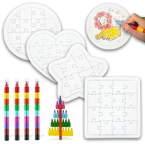 ICEPAPA, 4 puzles blancos y 4 lápices de cera (9 colores en 1 ), rompecabezas creativos para regalos de cumpleaños infantiles
