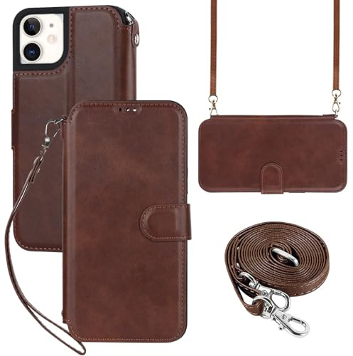 ELTEKER Hülle für iPhone 12 Mini Handyhülle mit Band Crossbody Strap, Klapphülle mit dem Verstellbaren Umhängeband - Braun