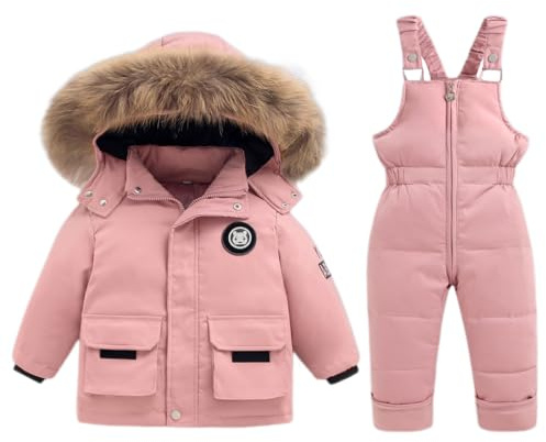 Enfant Combinaison de Ski Hiver Bébé 2 Pièces Doudoune Manteau avec Neige Bavoir Pantalon Garçons Filles Combinaisons de Neige Vêtements Rose 18-24 Mois