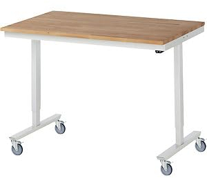 Elektrisch höhenverstellbarer Arbeitstisch, fahrbar, Buche massiv, Plattenbreite 1250 mm.