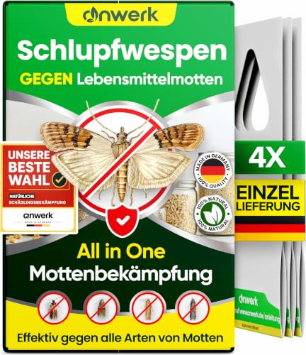 anwerk® Schlupfwespen gegen Lebensmittelmotten - 4 Karten à 1 Lieferung - Effektiv Lebensmittel Motten bekämpfen - Alternative zur Mottenfalle, Mottenspray, Pheromonfalle (4X Karten à 1 Lieferung)