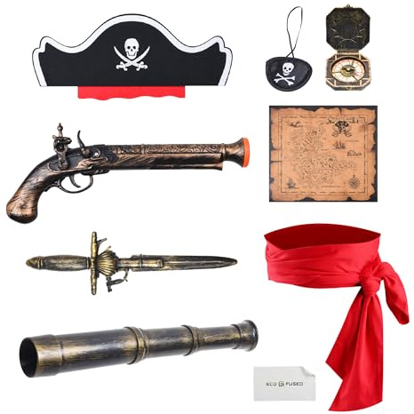 8-teiliges Piraten-Accessoires-Set - Cosplay-Kompass, Teleskop, Augenklappe, Pistole, Schwert, Hut - Halloween-Dekorationen
