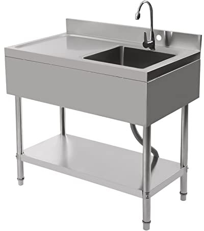 Stainless Steel Restaurant Kitchen Sink, Commercial Restaurant Sink with Drain & Backsplash, Catering Sink with Storage Shelf and Tap (100x60x80cm)