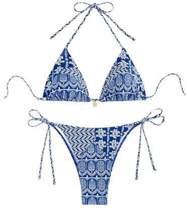 GORGLITTER Triangel Bikini Damen Set Brazilian Neckholder Bikini Blumen | Brazilian Bikini Damen Set, Tanga Bikini Set, Neckholder Bikini, Brazilian Style, High Waist Bikini