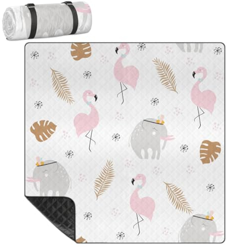 Mularoka Elefanten-Flamingo-Picknickdecke, wasserdicht, sanddicht, faltbar, Stranddecke, 200,7 x 200,7 cm, extra groß, tragbar, waschbar, Outdoor-Matte für Camping, Park, Gras, Wandern, Reisen