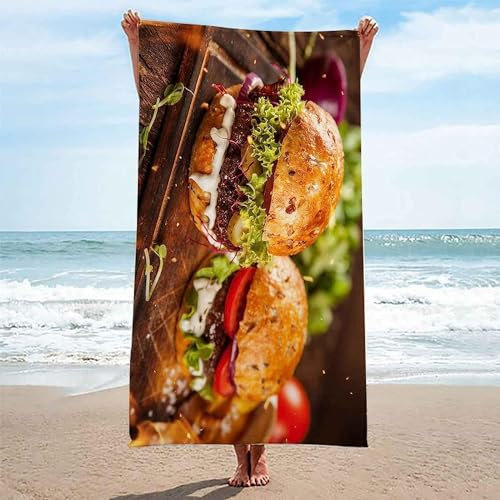 okoikfc 3D Strandtuch 80x160 cm Hamburger Badetuch Groß Hamburger Microfaser Handtücher Weich Schnell Trocknen Strandhandtuch Herren Frauen Badetücher, Strandtücher Strandlaken Handtuch A1326