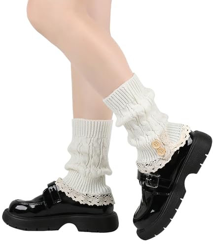 Stulpen Damen Gestrickte Beinwärmer, Gestrickte Beinwärmer Warme, Button Kurze Knöchelwärmer für Frauen Damen Spitze Leg Warmers Wintersocken Thermosocken Stiefel Boot Abdeckung für (White, One Size)