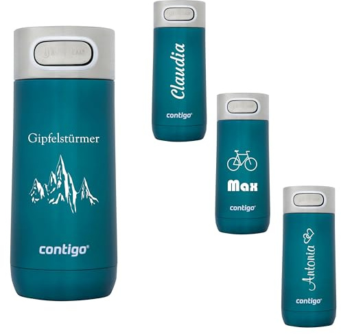 Contigo Gobelet isotherme de luxe Autoseal avec gravure – Nom en acier inoxydable – Tasse de voyage – Tasse à café à emporter – Anti-fuite – Couvercle facile à nettoyer sans BPA – 360 ml (Biscay Bay)