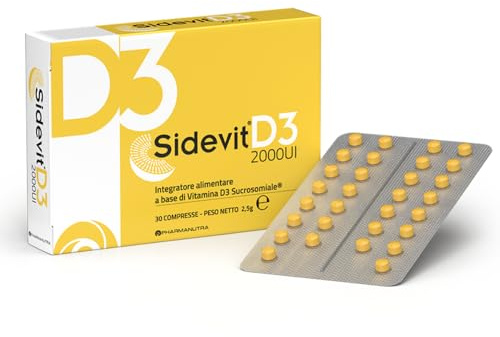 Sidevit® D3, Vitamina D3 2000UI (50 mcg), Con Tec. Sucrosomiale® unica, Assorbimento 3 volte superiore, Senza Glutine, Ossa, Muscoli, Sist. Immunitario, 30 compr., Mancata esposizione ai raggi solari