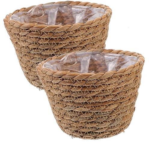 TOYANDONA Lot De 2 Paniers à Fleurs Tressés en Paille Naturelle, Paniers pour Plantes D'intérieur, Diamètre 13 Cm Hauteur 9 Cm, Décoration Maison Salon Chambre, Base Stable Solide