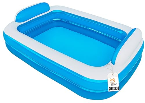 Akitaink Piscina Gonfiabile Family 200x150x50 cm | Con Cuscini Incorporati, PVC Resistente, 2 Anelli, Azzurro Bianco, Per Bambini dai 3 Anni