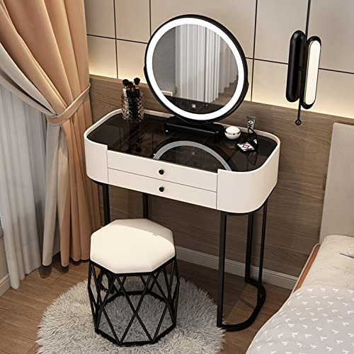 Modernes Schminktisch-Set mit beleuchtetem Spiegel, gepolstertem Hocker, 2 großen Schubladen, Tischplatte aus gehärtetem Glas, stilvolle Schlafzimmer-Make-up-Idee, 152,4 cm, Schwarz / Weiß