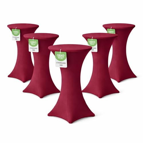 EXKLUSIV HEIMTEXTIL Stehtischhusse für Bistrotisch mit 4 verstärkten Fußlaschen elastisch Stretch Oeko-TEX Zertifiziert Ø 60-65x110-120 cm Bordeaux (5 Stück)