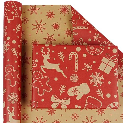 Doppelseitiges Geschenkpapier Weihnachten Rolle, Rot Braun recycelbares weihnachtsgeschenkpapier für Kinder und Erwachsene, Rot Kraftpapier Geschenkpapier Rolle für Weihnachten, Neujahr, 43cm x 10m