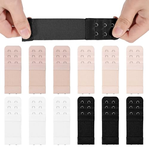 Qulkws 12 Stück Damen BH Verlängerung, BH-Erweiterung 2 Haken, BH-verlängerung, Bra Extender, Elastische BH Verlängerungsgurt, Weiß, Schwarz, Hautton und Aprikose