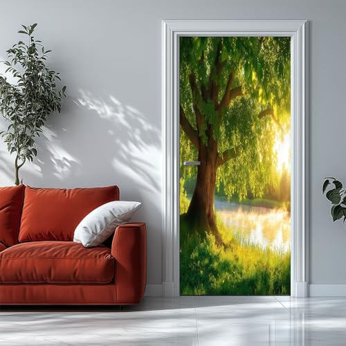 Tür Tapeten Selbstklebend Landschaft Natur Sonnenschein Bäume 80x200 cm Grün Türposter Türaufkleber Wasserdicht Abnehmbare Vinyl Türfolie Fototapete Diy Wandbild Schlafzimmer Badezimmer