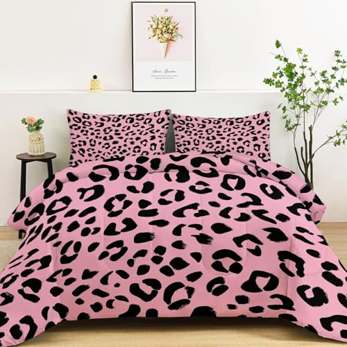 Bettdecke Ohne Bezug 135x200 cm, 4 Jahreszeiten Bettdecken - Minimalistische Schwarze Leopardenmuster Steppdecke Rosa Ganzjahresdecke - Waschbar Warme und Weiche Bettzeug mit 2 Kissenbezug 80x80 cm