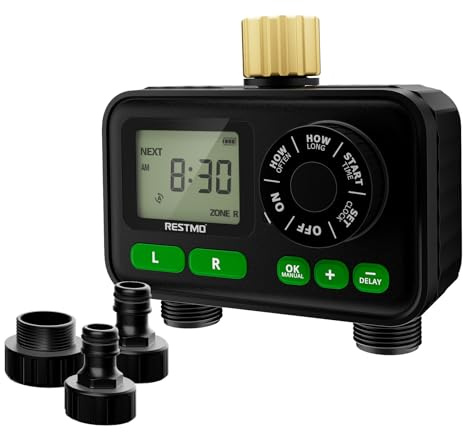 RESTMO 2-Zonen RF-Bewässerungscomputer, Bewässerungstimer mit Fernzugriff | automatisch/manuell/Regenverzögerung, für Gartenschlauch & Außenwasserhahn, Rasenbewässerung