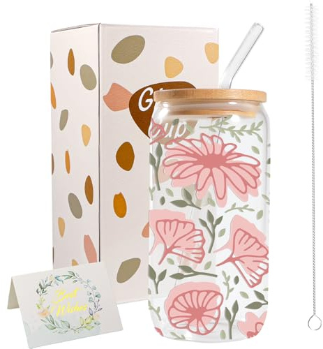 JEKUGOT 16oz Iced Coffee Cup, Personalised Glass Cups with Lids and Straws, Fun Mother's Day Gifts, Birthday Gifts for Mum, Friends,Teacher