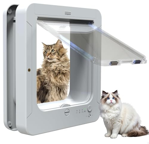 Mikrochip Katzenklappe Automatische Haustiertür mit Halsband Sensor 4 Wege Verriegelung Fernbedienung Wetterfest für Katzen & Kleine Hunde