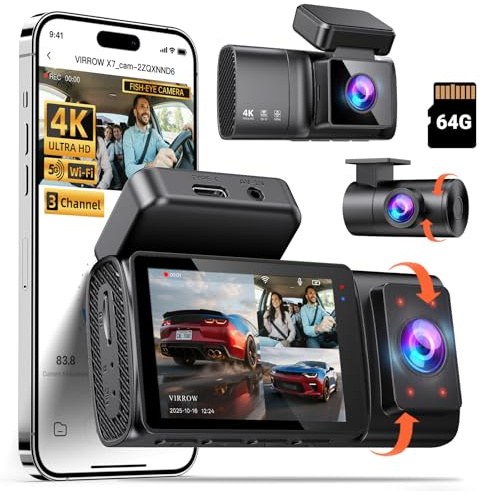 Dash Cam Front and Rear Inside: 3 Channel Dash Cam (4K+1080P+1080P) with 5GHz WiFi APP & 64GB Card - Dashcam with IR Night Vision - Dash Camera for Cars Parking Mode G-Sensor Loop Recording(X7)