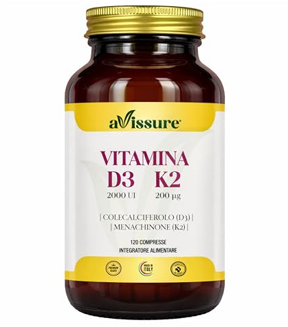 avissure™ Vitamina D3 K2 2000 UI K2 200 mcg, 120 Compresse, Scorta 4 Mesi | Vitamina D3 50 mcg 2000 UI e Vitamina K2 200 mcg Menachinone, Vegetariano, Made in Italy, Senza Glutine, Lattosio, OGM