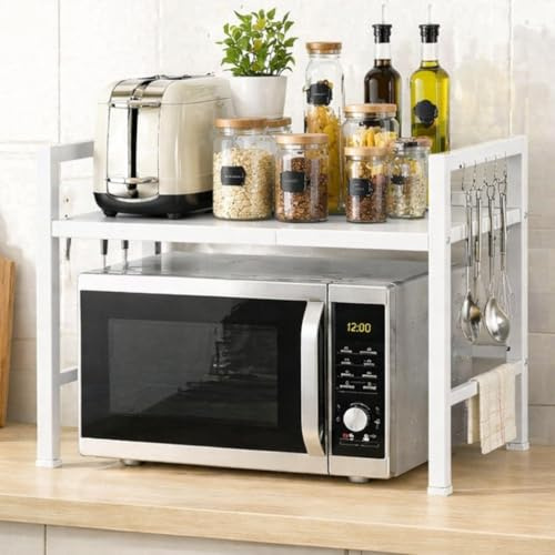 Expandable Microwave Shelf Rack, Adjustable Width & Height Kitchen Counter Organizer, Heavy Duty Metal Storage Stand with Hooks for Microwave, Toaster & Spice Jars (WHITE)